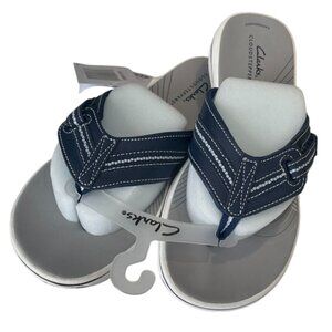Clarks Cloudsteppers Brinkley Jazz Navy Synthetic Toe Post Slip On Sandals Sz 8